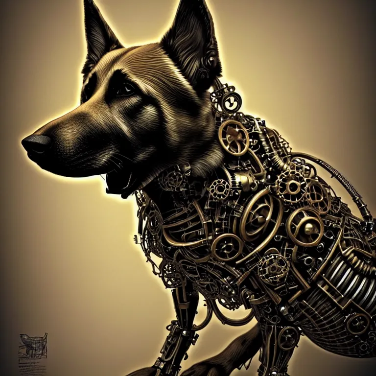 Image similar to steampunk cybernetic biomechanical german shepard dog, 3 d model, very coherent symmetrical artwork, unreal engine realistic render, 8 k, micro detail, intricate, elegant, highly detailed, centered, digital painting, artstation, smooth, sharp focus, illustration, artgerm, tomasz alen kopera, wlop