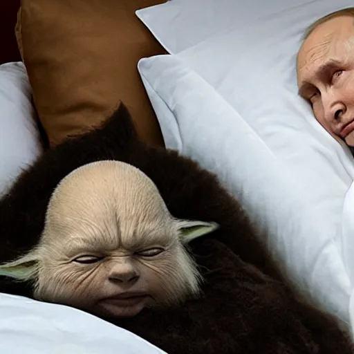 Image similar to putin sleeping in bed next to yoda