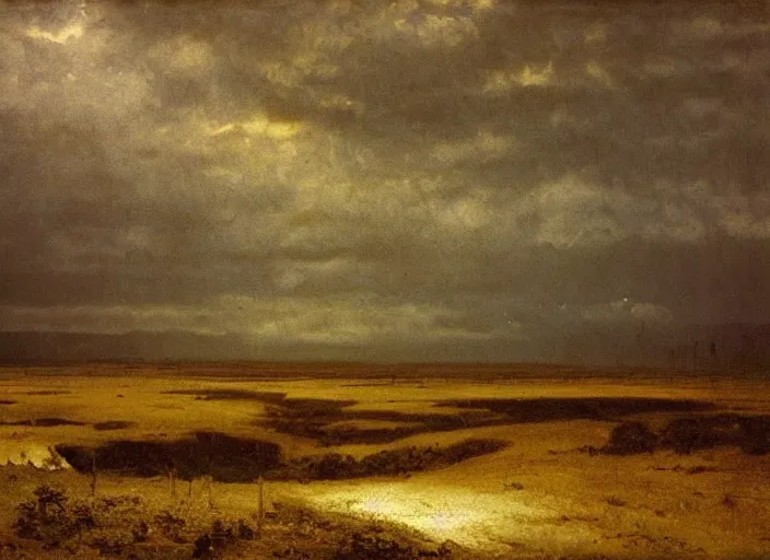 Prompt: a vast muddy field with many corpses buried underneath it, albert bierstadt, landscape, dark and scary