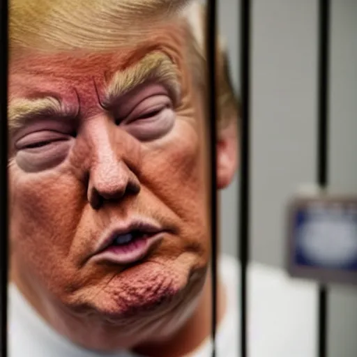 Image similar to donald trump crying in a prison cell wearing prison jumpsuit, photography, 4k