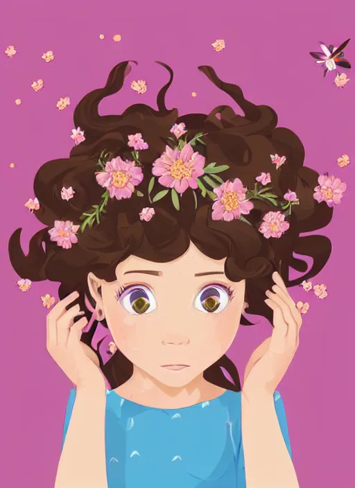 Image similar to a little girl with wavy curly light brown hair and blue eyes. she is wearing a flower crown and chasing fireflies. clean cel shaded vector art. shutterstock. behance hd by lois van baarle, artgerm, helen huang, by makoto shinkai and ilya kuvshinov, rossdraws, illustration, art by ilya kuvshinov