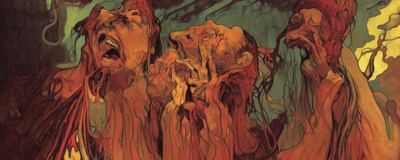 Prompt: vintage color footage contorted exaggerated melodramatic exorcism scared priest, wide open mouth in terror, crying figures inside mental hospital by zdzisław beksinski and alphonse mucha, ( ( ( ( ( ( ( makoto shinkai raphael lacoste martin deschambault finnian macmanus artstationhq iamag