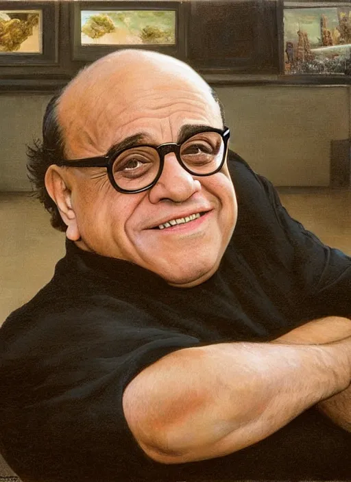 Prompt: danny devito sitting across the camera wearing a black choker staring into the camera, point of view, expensive restaurant, intricate, elegance, highly detailed, shallow depth of field, artgerm, donato giancola, joseph christian leyendecker