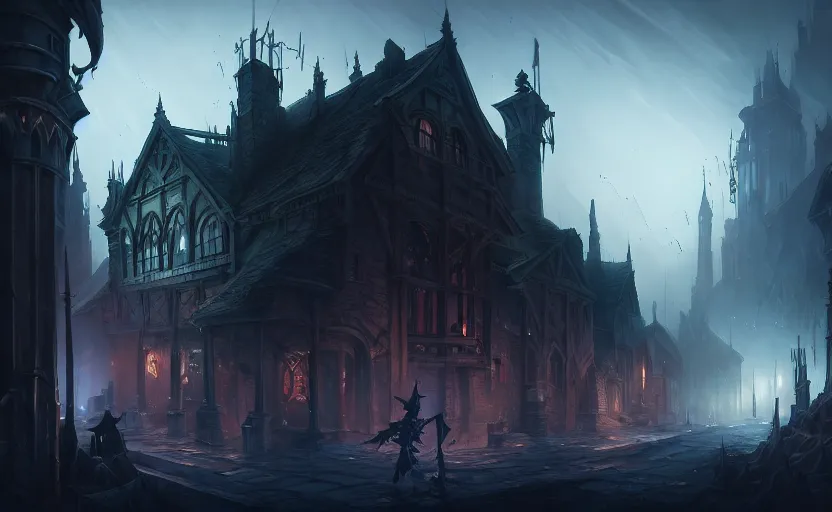 Image similar to extreme long shot concept art depicted old english majestic town, dramatic mood, overcast mood, dark fantasy environment, detailpunk, art inspired by league of legends and arcane, style by jason engle and jordan grimmer, trending on artstation, unreal engine, golden ratio, spectacular composition, realistic architecture