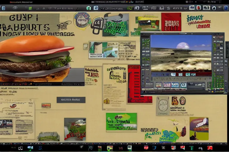 Image similar to hamburger themed gnu / linux desktop environment, linux mint, in 1 9 9 5, y 2 k cybercore, desktop screenshot