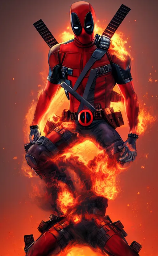 Image similar to deadpool as ghost rider, dynamic lighting, photorealistic fantasy concept art, trending on art station, stunning visuals, terrifying, creative, cinematic