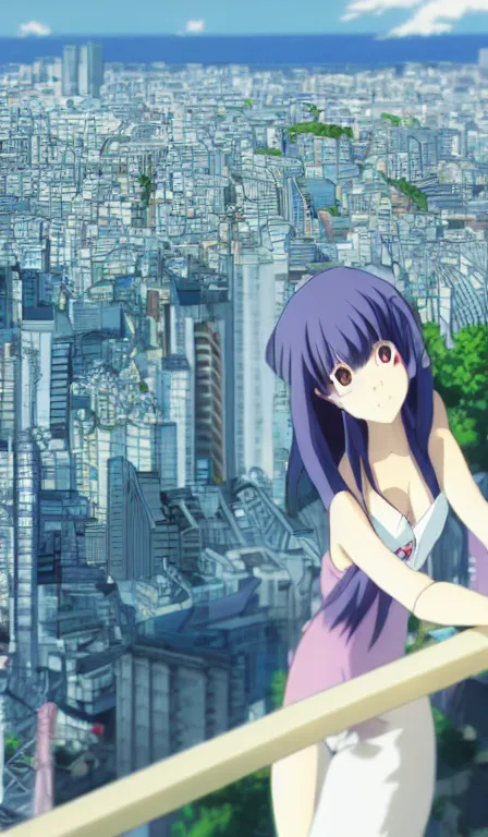 Image similar to anime fine details portrait of Mizore Shirayuki in front of modern tokyo city landscape on the background deep bokeh, close-up view, anime masterpiece by Studio Ghibli, 8k, sharp high quality anime, artstation