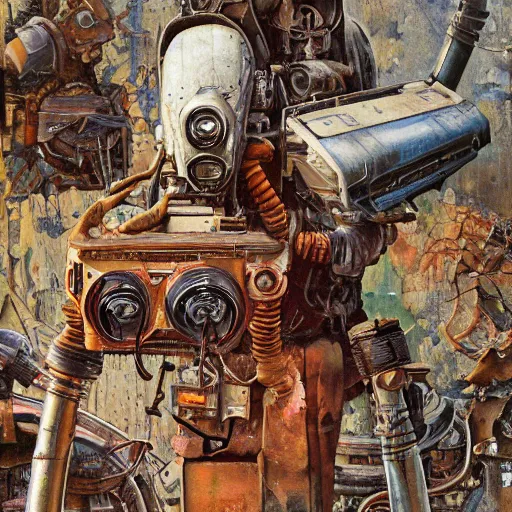 Prompt: junky men repair himself, cybertronic gadgets and vr helmet, flesh + technology, durty colours, rotten textures, rusty shapes, ralph meyer, biotechnology, norman rockwell, viktor safonkin, dariusz zawadzki, bruce pennington, larry elmore, intricate details, hyperrealistic oil painting on canvas, deep depth field