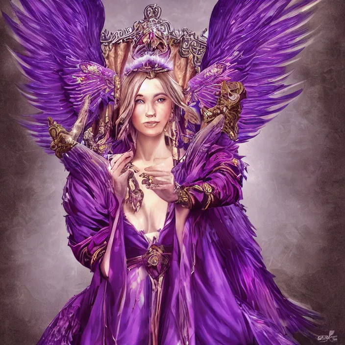 Image similar to Princess sorceress with red flaming bird wings on her back and sitting on an ornate throne dressed in a fancy long purple dress, beautiful realistic symmetrical defined face, Slight smile and open eyes, anatomically correct, Fantasy, Full Portrait, High detail, realistic, planeswalker