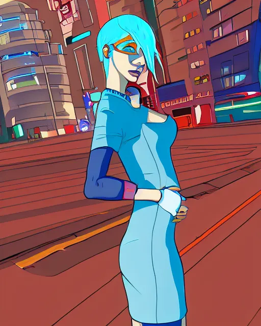 Image similar to cel shaded art of a pretty blue haired girl wearing a dress, cyberpunk city street background