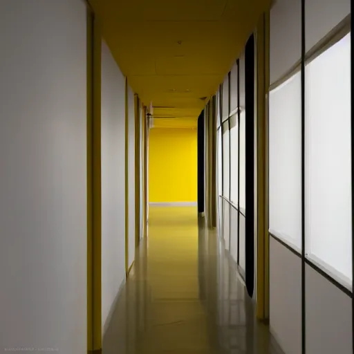 Prompt: liminal office hallway, pale yellow walls, pale yellow carpets, off-white ceiling, warm light