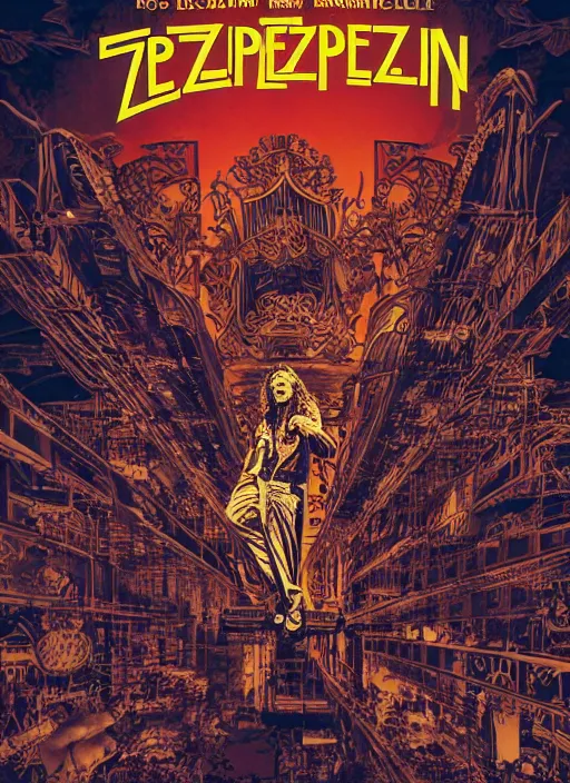 Prompt: a photorealistic dramatic hyperrealistic stylish graphic color poster illustration of led zeppelin live in bangkok by joe fenton, dan mumford, color concert poster art design, beautiful dynamic dramatic dark moody lighting, shadows, cinematic atmosphere, octane render, 8 k