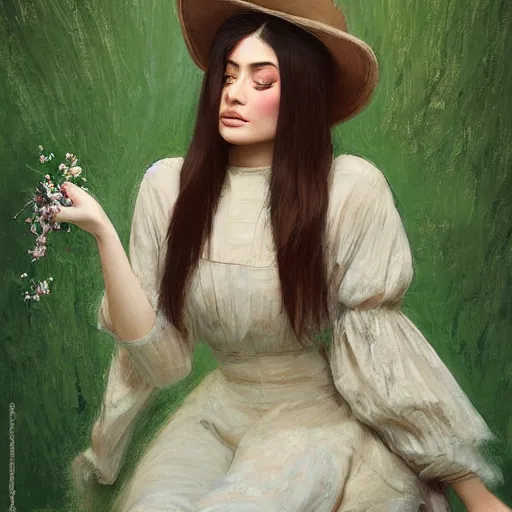 Image similar to happy very thick paint brush strokes paint texture full body fashion model kylie jenner by Jeremy Lipking by Hasui Kawase by Richard Schmid (((smokey eyes makeup eye shadow fantasy, glow, shimmer as victorian woman in a long white frilly lace dress and a large white hat having tea in a sunroom filled with flowers, roses and lush fern flowers ,intricate, night, highly detailed, dramatic lighting))) , high quality