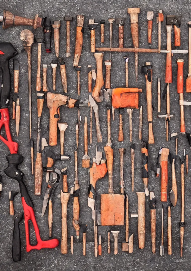 Prompt: a beautiful photograph of a toolkit filled with useless hammers