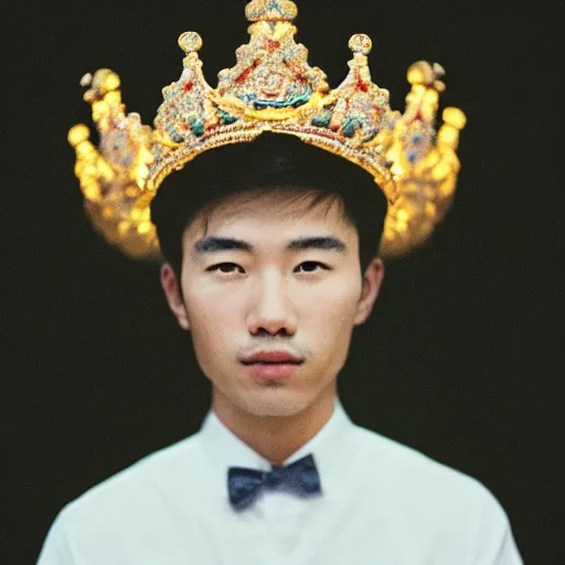 Prompt: Portrait of a handsome asian young man wearing a crown and jewelry, fashion, cinematic lighting, captured in low light, sharp focus, detailed, cinestill 800t