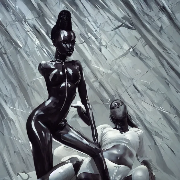 Image similar to african domme mistress, futuristic, ebony skin, rubber suit, spikes, white surroundings, smooth, concept art, realistic painting, digital art by greg rutkowski, by junji ito