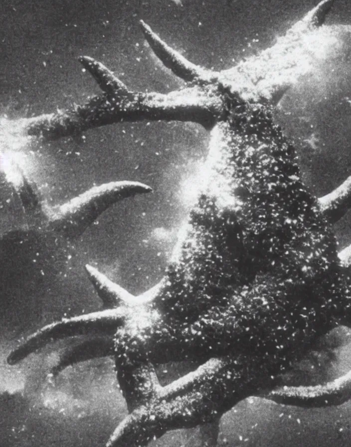 Image similar to a filmstill of a north korean monster movie, kaiju - eiga monster starfish - like trampling a traditional korean palace, foggy, film noir, epic battle, etheral, explosions, communist starfish, thriller, by akira kurosawa and robert eggers, video compression