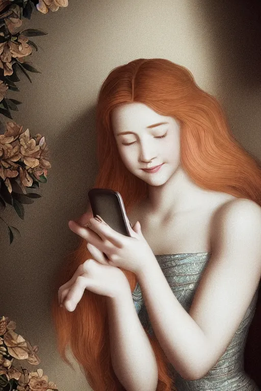 Image similar to a portrait of a beautiful young lady smiling at a text she just received on her smartphone, in style of Evelyn De Morgan, beautiful high detail, cinematic, 8k resolution, trending on artstation trending, octane render, unreal engine