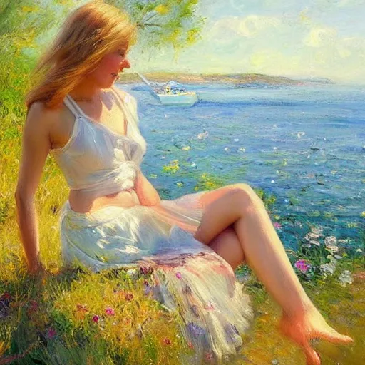 Prompt: blonde woman, swimming, swedish countryside, archipelago, morning, masterpiece, highly detailed, beautiful, atmospheric, impressionism, painting by Vladimir Volegov