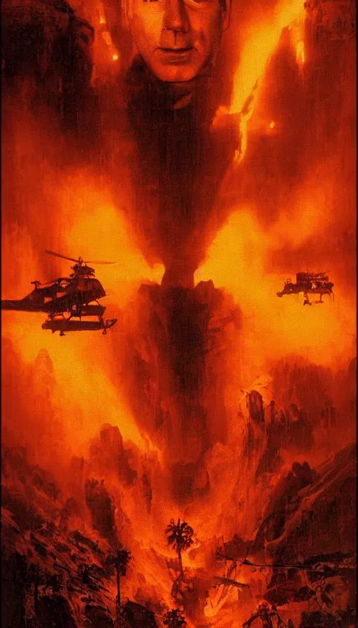 Image similar to jeff bezos'face close up on the apocalypse now poster, red sunset, snake river in the jungle, black helicopters, air brush, oil paint, radiant light, caustics, heroic, bright iridescent light, by gaston bussiere, by bayard wu, by greg rutkowski, by maxim verehin