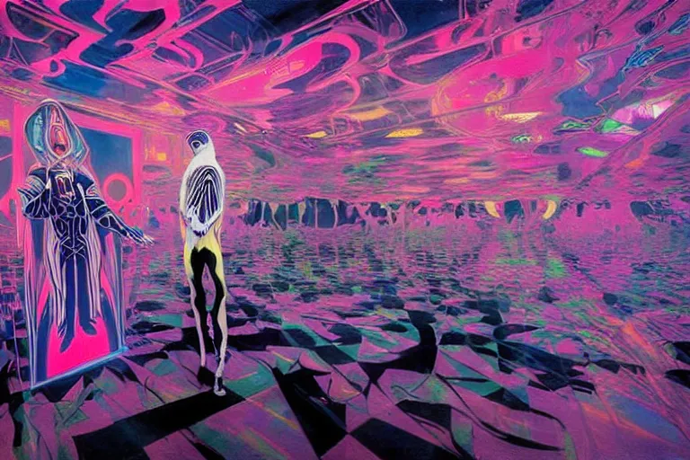 Image similar to a highly detailed beautiful masterpiece photograph of a technomancer wizard in dazzle camouflage robes with pointed hood facetiming his AI djinn hologram in his laboratory near a holographic super-computer by Remedios Varo and Anato Finnstark and Greg Rutkowski and Andy Warhol, dayglo pink, dayglo blue, prismatic, pearlescent white, raven black, hyperrealism, 8k, trending on ArtStation, rendered in Octane, rendered in Unreal engine, award winning, volumetric lighting