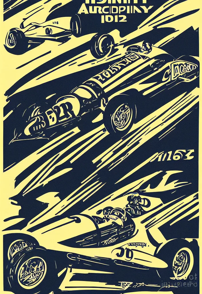 Image similar to year 1 9 3 2 indy 5 0 0 auto race poster, art deco style, paper print