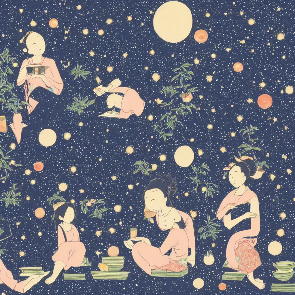 Image similar to Japanese style picture of two sisters reading a book and drinking herbal tea made with celestial fluids in the balcony covered with plant pots which opens up to celestial sky filled with galaxies and planets. A small while do sitting beside them. Scented candles lit around them. Highly detailed. Celestial. Satisfying.