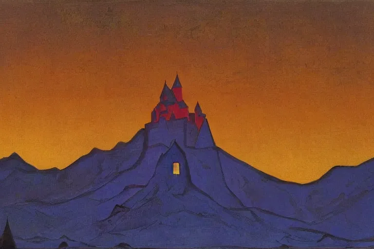 Image similar to A oil painting of a castle in the mountains at night by Nicholas Roerich, by Georgia o Keeffe, by Gustave Moreau