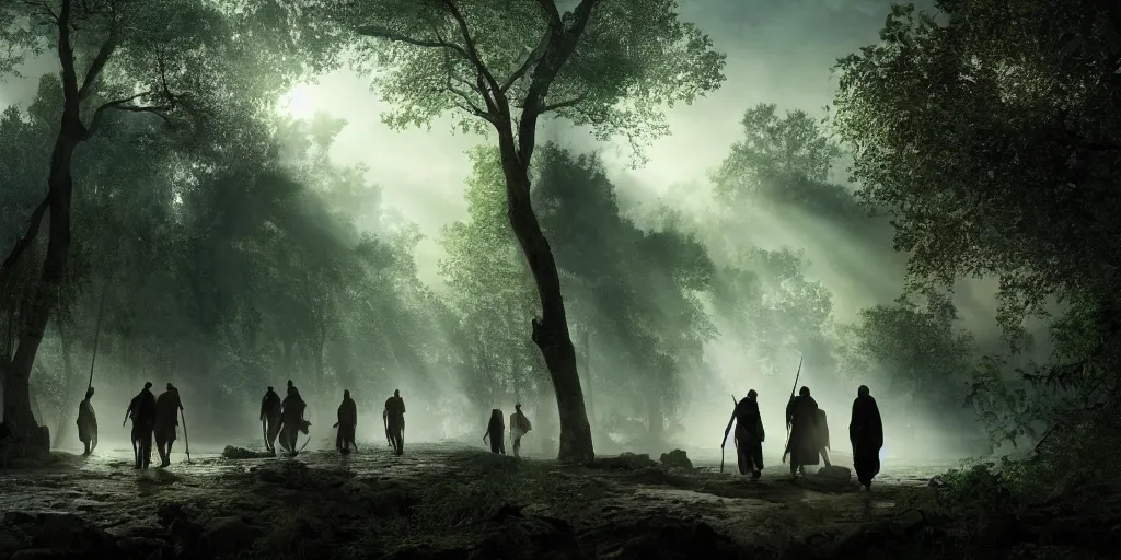 Image similar to muslim adventurers walking along the river bank in a forest, an epic fantasy, dramatic lighting, cinematic, extremely high detail, photorealistic, cinematic lighting, artstation, by Christopher Nolan, 50mm lens, shadow of the tomb rider