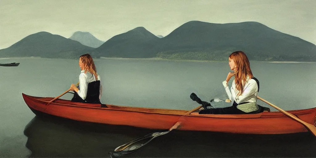 Prompt: “ a girl sitting in canoe on the hudson river drinking beer, mountains in fog background, vibrant colors, sharp detail, oil painting, by andrew wyeth ”