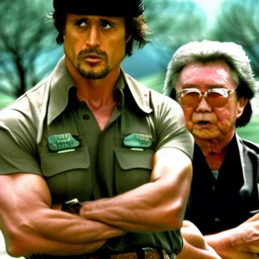 Image similar to a still of Rambo First blood with Kim Jong-il on the role of John Rambo