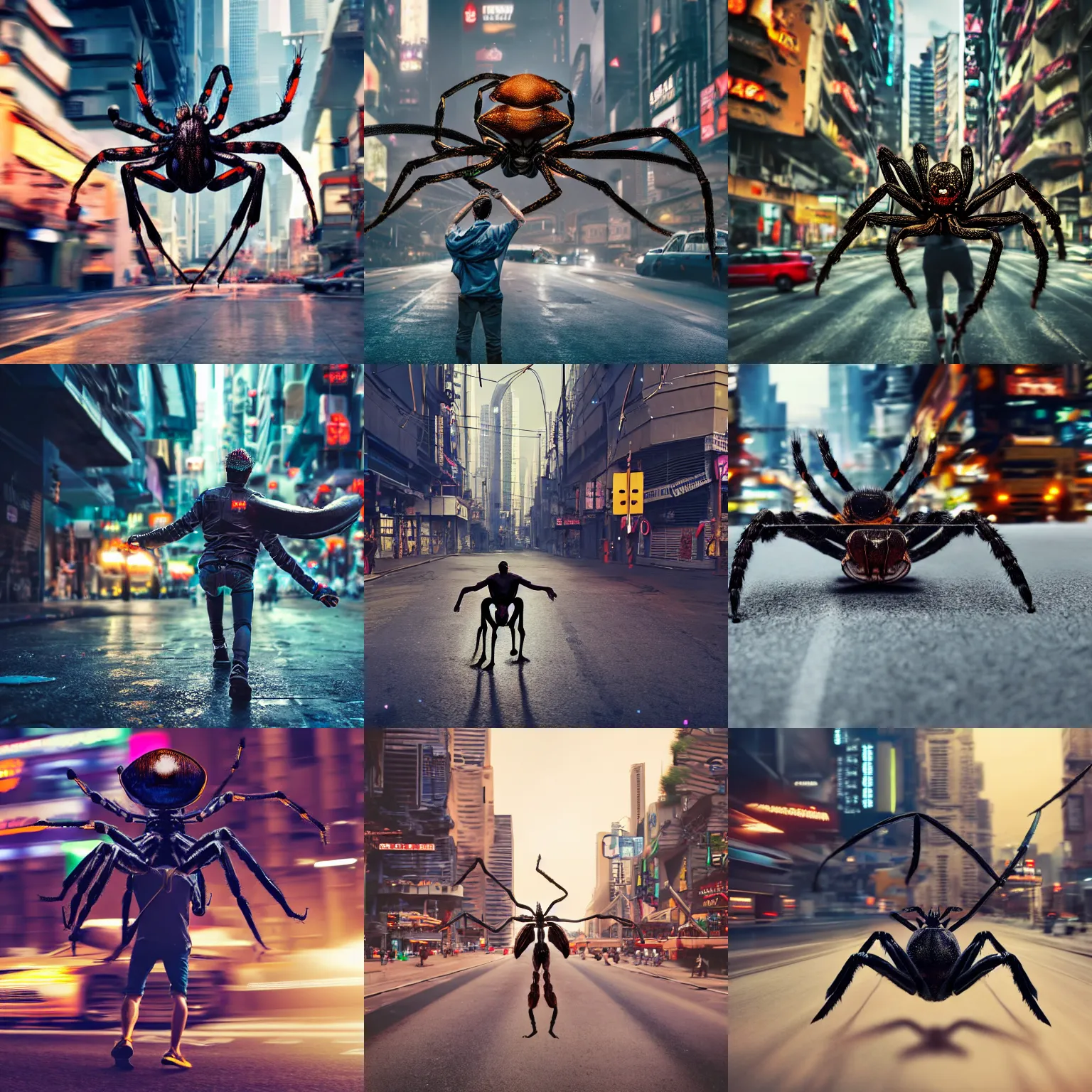 Prompt: man riding on a giant spider on the streets of cyberpunk city. realistic photo, 4 k, blurred background, outdoor animal photography