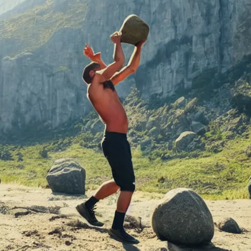 Image similar to a man pushing a boulder with his chest