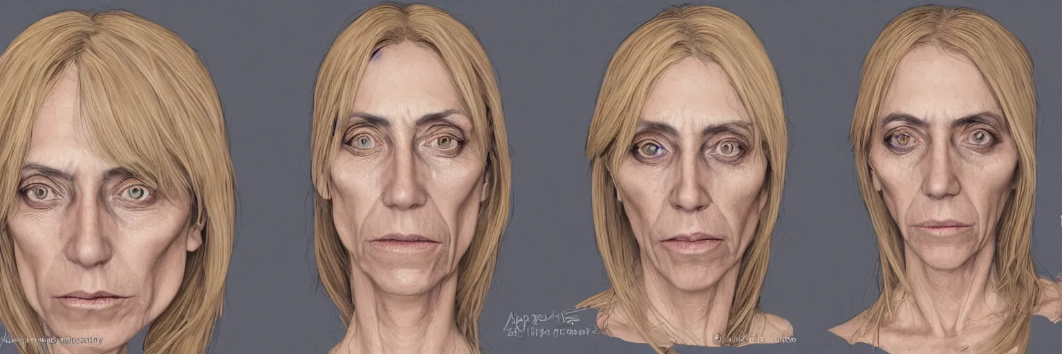 Prompt: colored pencils female character face study of iggy pop, skinny woman, 5 5 yo, clear female iggy pop faces, emotional, character sheet, fine details, concept design, contrast, kim jung gi, pixar and da vinci, trending on artstation, 8 k, 3 6 0 head, turnaround, front view, back view, ultra wide angle