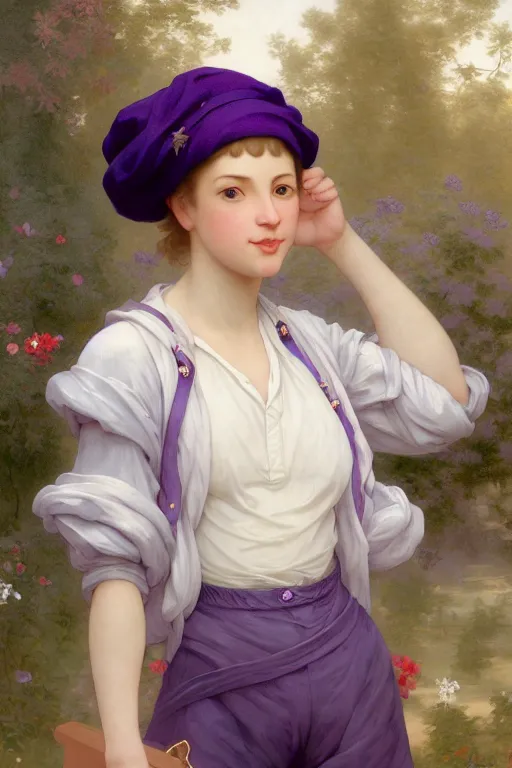 Image similar to Full View girl with short blond hair wearing an oversized purple Beret, Baggy Purple overall shorts, Short Puffy pants made of silk, silk shoes, a big billowy scarf, Golden Ribbon, and white leggings Covered in stars. Short Hair. masterpiece 4k digital illustration by Ruan Jia and Mandy Jurgens and Artgerm and william-adolphe bouguereau, award winning, Artstation, art nouveau aesthetic, Alphonse Mucha background, intricate details, realistic, panoramic view, Hyperdetailed, 8k resolution, intricate art nouveau