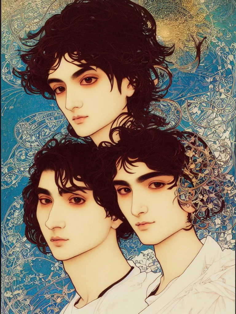 Image similar to beautiful medium shot portrait of a young arabic man inspired by ayami kojima with short hair dressed with a white t - shirt looking into the camera from three - quarters, white background white bank studio light, art by yoshitaka amano, alfons mucha and shingo tamagawa, 8 k