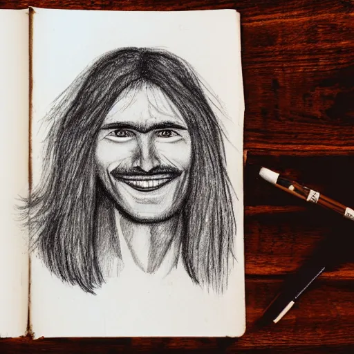 Image similar to sketch of a caucasian face, medium long hair, bad skin, skinny, oval head shape, smiling, climber