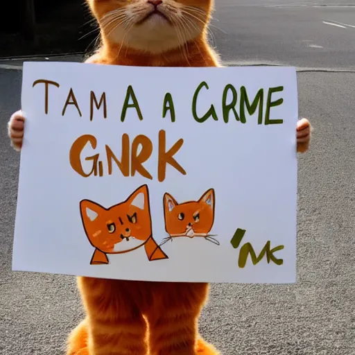 Image similar to a cute fluffy orange tabby cat holding a sign that says