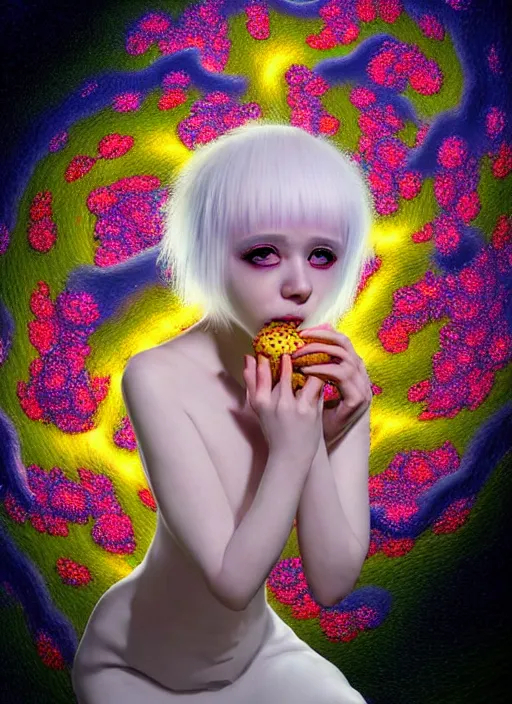 Image similar to hyper detailed 3d render like a Oil painting - kawaii portrait Aurora (white haired Singer Ferret) seen Eating of the Strangling network of yellowcake aerochrome and milky Fruit and Her delicate Hands hold of gossamer polyp blossoms bring iridescent fungal flowers whose spores black the foolish stars by Jacek Yerka, Mariusz Lewandowski, Houdini algorithmic generative render, Abstract brush strokes, Masterpiece, Edward Hopper and James Gilleard, Zdzislaw Beksinski, Mark Ryden, Wolfgang Lettl, hints of Yayoi Kasuma, octane render, 8k