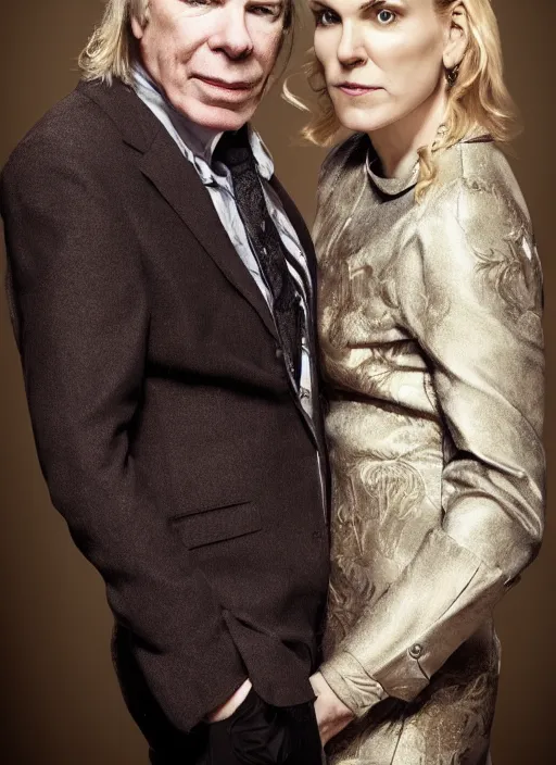 Prompt: portrait of michael mckean and rhea seehorn, baroque portrait, realistic, serious, dark backround