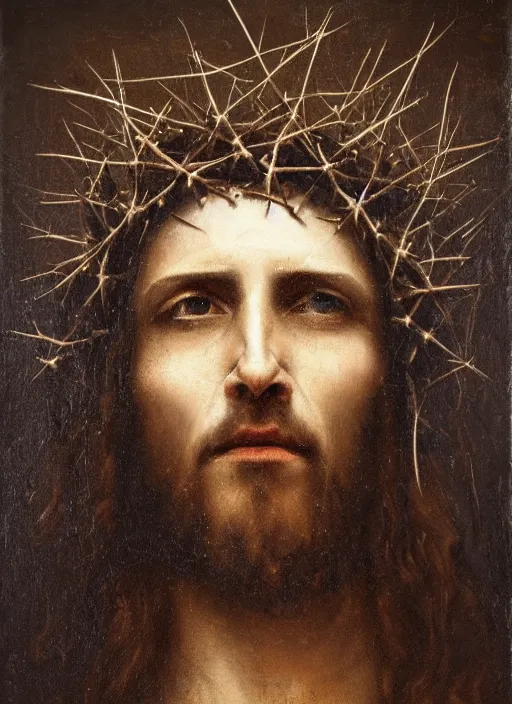 Prompt: portrait of jesus christ wearing a crown of thorns, by nicola samori, painting, 8 k, high detail