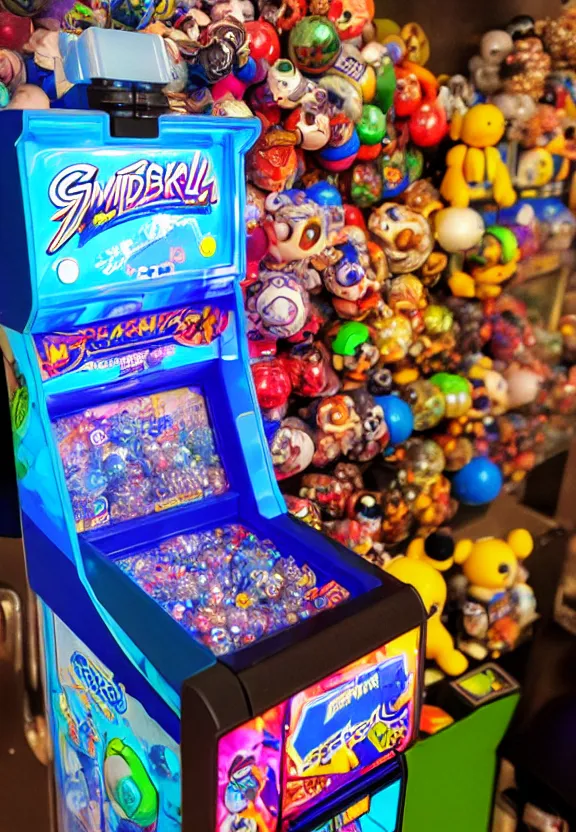 Image similar to cyberpunk gumball gashapon machine, filled with cute toys, in an arcade