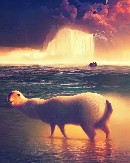 Image similar to white capybara at niagra falls, surreal photography, sunrise dramatic light, impressionist painting, colorful clouds, digital painting, artstation, kilian eng, john harris, bastien lecouffe - deharme, simon stalenhag, flower face