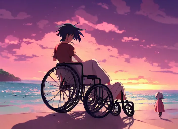 Prompt: girl on wheelchair is pushed by man, sunset sky in background, beach landscape, illustration concept art anime key visual trending pixiv fanbox by wlop and greg rutkowski and makoto shinkai and studio ghibli and kyoto animation, short hair hair, hair down, symmetrical facial features, backlit