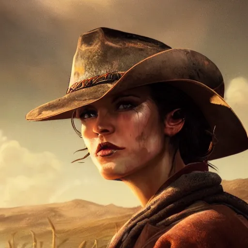 Image similar to fallout 5, charismatic beautiful, rugged, brunette female protagonist wearing a cowboy - hat, portrait, outdoors ruined coastal area, atmospheric lighting, painted, intricate, volumetric lighting, beautiful, spring, sharp focus, warm deep colours, ultra detailed, by leesha hannigan, ross tran, thierry doizon, kai carpenter, ignacio fernandez rios