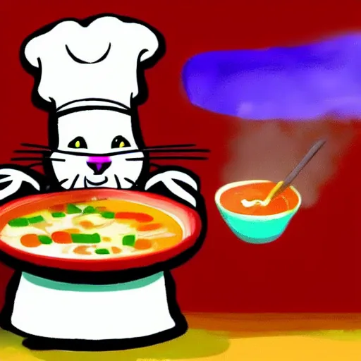 Image similar to anthropomorphic cat chef cooking a delicious colorful soup, digital painting, youtube video thumbnail