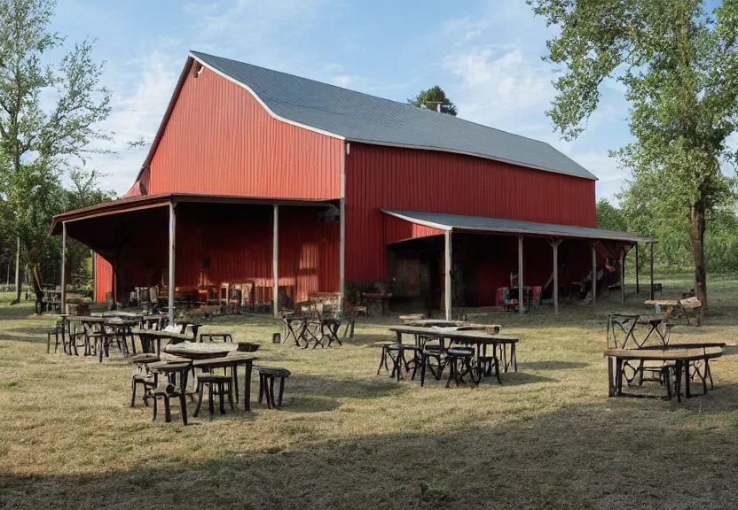 Prompt: 30ft x 50ft interior barn renovation as intimate folk music event space with bar and cafe tables 8k photorealistic