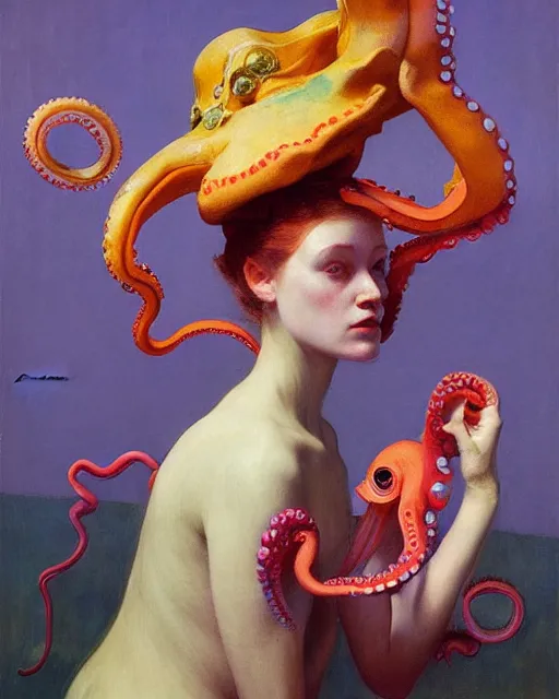 Image similar to a beautiful girl wearing a colourful octopus as a hat, painted by edgar maxence, edward hopper, wayne barlowe and james gilleard, airbrush, art by jamesjean