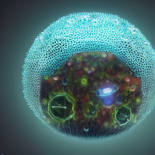 Image similar to tiny single - cell creature, floating, rbc, radiolaria, protophyta, micro - organisms, center, symmetric, rim light, marine microbiology, bioluminescence, electric, fur, soft, concept art, intricate details, highly detailed, colorful, photorealistic, disney pixar, octane render, iridescent, anime, 8 k