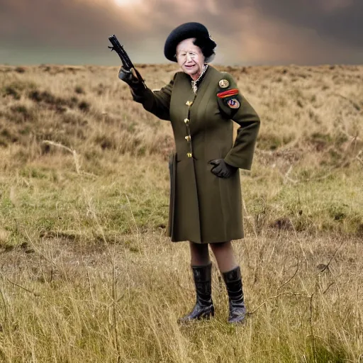 Image similar to Queen Elizabeth II wearing an army uniform while holding a rifle on a battlefield, highly detailed, high quality, HD, 4k, 8k, Canon 300mm, professional photographer, 40mp, lifelike, top-rated, award winning, realistic, sharp, no blur, edited, corrected, trending